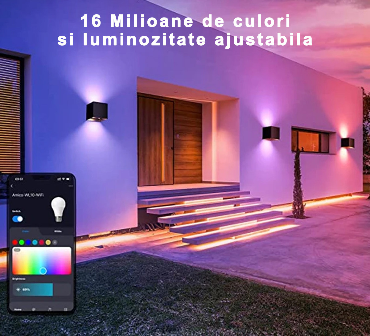Aplica de perete inteligenta dimabila LED 12W, Smart WiFi, RGB, 3000K