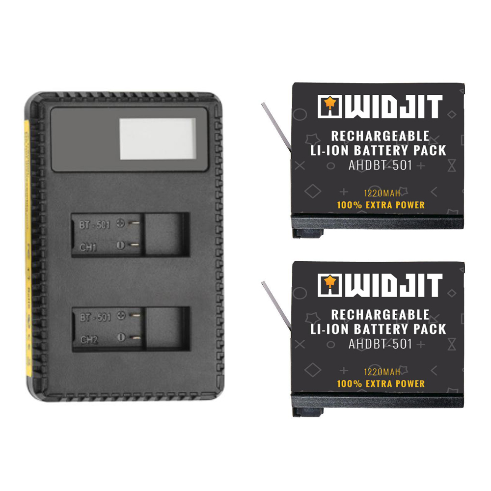 Incarcator Widjit dual cu ecran LCD + 2 baterii GoPro 5 / 6 / 7 (Negru)