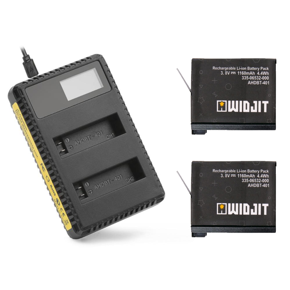 Incarcator Widjit dual cu indicator solar + 2 baterii GoPro 4 (Negru)