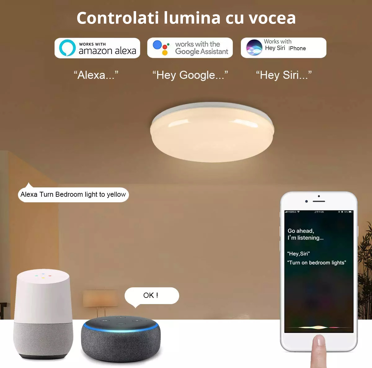 Plafoniera Smart LED Wi-Fi 24W RGBW 3150 lm cu boxa bluetooth - compatibila  Alexa si Google Home - AREA - Case inteligente - Smart Home, Energie  regenerabila