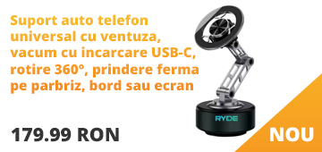 Suport auto telefon universal cu ventuza, vacum cu incarcare USB-C, rotire 360°, prindere ferma pe parbriz, bord sau ecran