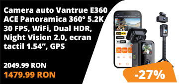 Camera auto Vantrue E360 ACE Panoramica 360° 5.2K 30 FPS, WiFi, Dual HDR, Night Vision 2.0, ecran tactil 1.54”, GPS, control vocal