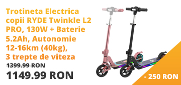 Trotineta Electrica copii RYDE Twinkle L2 PRO, 130W + Baterie 5.2Ah, Autonomie 12-16km (40kg), 3 trepte de viteza, Frana Electrica+Mecanica, Viteza maxima 16 km/h