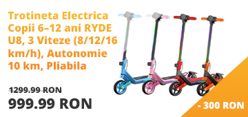 Trotineta Electrica Copii RYDE U8, 3 Viteze (8/12/16 km/h), Suspensie Dubla Fata/Spate, Motor 130W, Autonomie 10 km, Pliabila, 6–12 ani