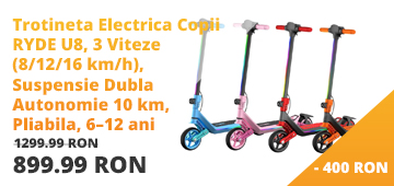 Trotineta Electrica Copii RYDE U8, 3 Viteze (8/12/16 km/h), Suspensie Dubla Fata/Spate, Motor 130W, Autonomie 10 km, Pliabila, 6–12 ani