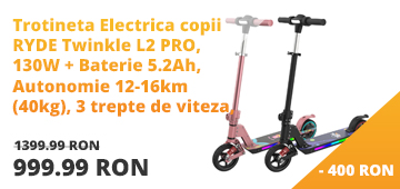 Trotineta Electrica copii RYDE Twinkle L2 PRO, 130W + Baterie 5.2Ah, Autonomie 12-16km (40kg), 3 trepte de viteza, Frana Electrica+M
