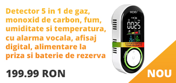Detector 5 in 1 de gaz, monoxid de carbon, fum, umiditate si temperatura, cu alarma vocala, afisaj digital, alimentare la priza si baterie de rezerva