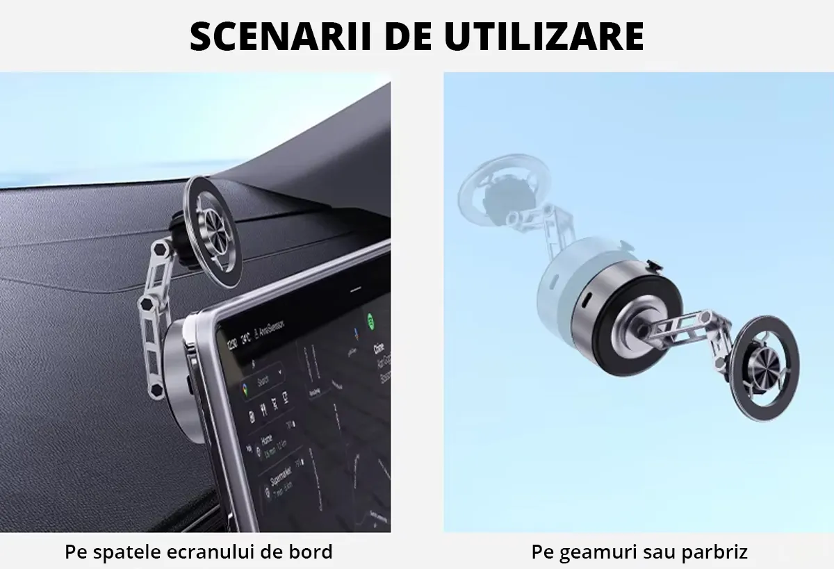 Suport auto telefon universal cu ventuza, vacum cu incarcare USB-C, rotire 360°, prindere ferma pe parbriz, bord sau ecran