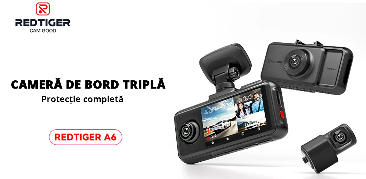 Camera auto de bord tripla REDTIGER A6 2.5K, WiFi, Night Vision, GPS, aplicatie dedicata, G-sensor si monitorizare parcare