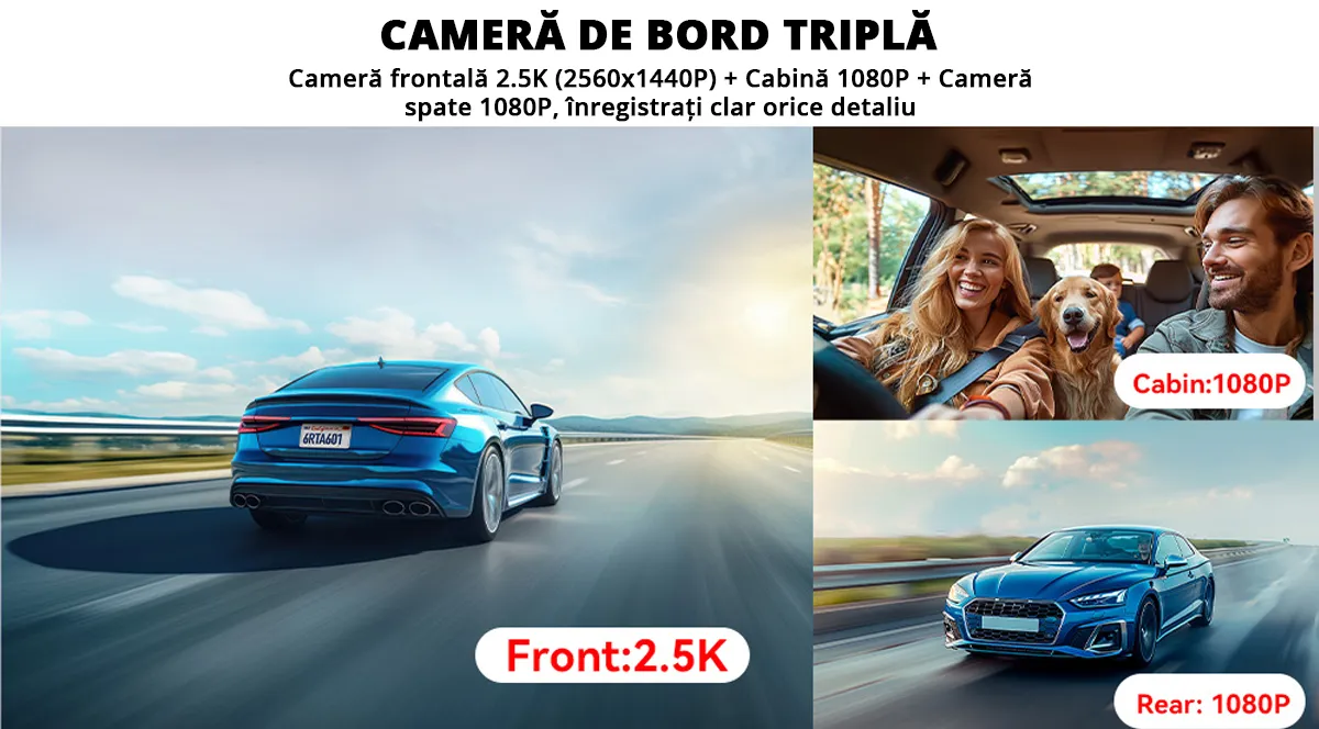 Camera auto de bord tripla REDTIGER A6 2.5K, WiFi, Night Vision, GPS, aplicatie dedicata, G-sensor si monitorizare parcare