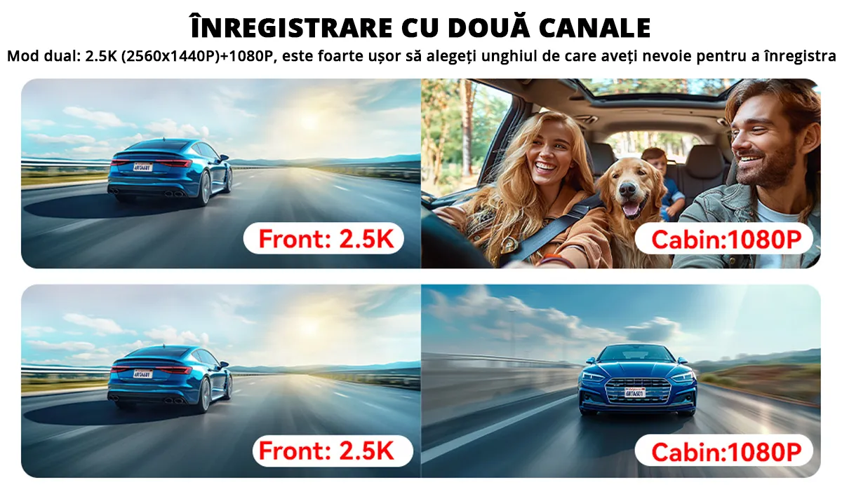 Camera auto de bord tripla REDTIGER A6 2.5K, WiFi, Night Vision, GPS, aplicatie dedicata, G-sensor si monitorizare parcare