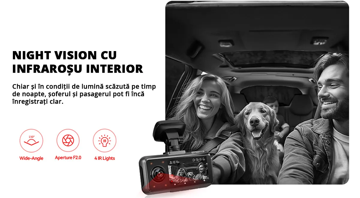 Camera auto de bord tripla REDTIGER A6 2.5K, WiFi, Night Vision, GPS, aplicatie dedicata, G-sensor si monitorizare parcare