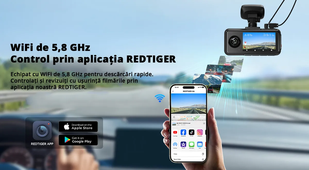 Camera auto de bord tripla REDTIGER A6 2.5K, WiFi, Night Vision, GPS, aplicatie dedicata, G-sensor si monitorizare parcare