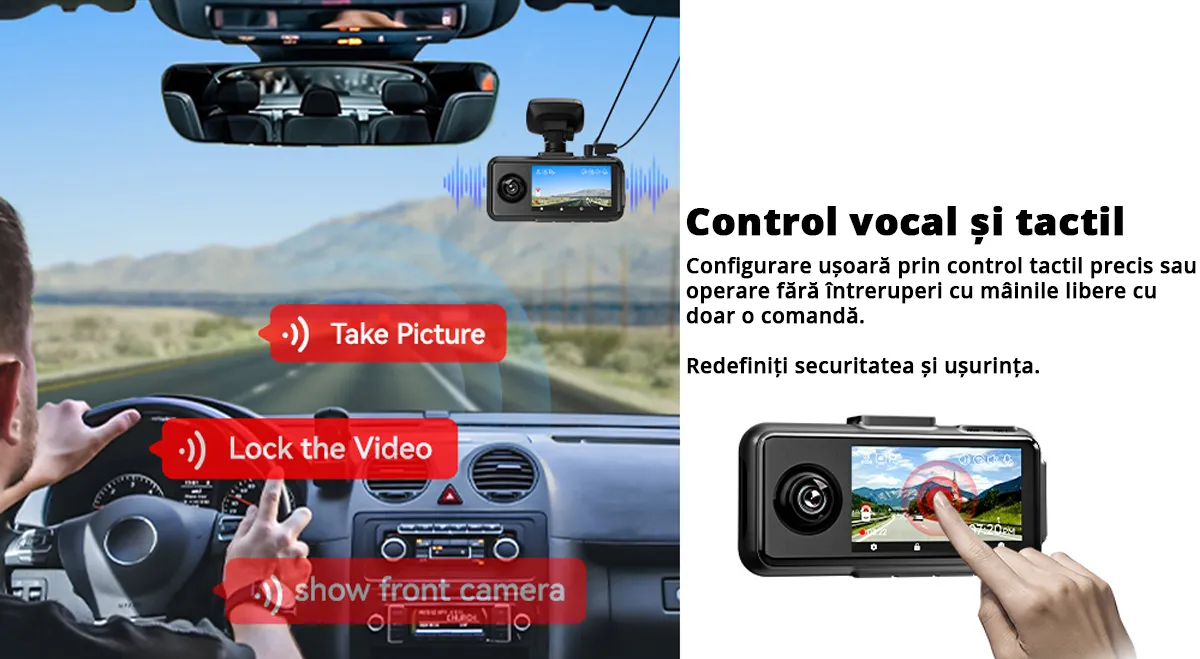 Camera auto de bord tripla REDTIGER A6 2.5K, WiFi, Night Vision, GPS, aplicatie dedicata, G-sensor si monitorizare parcare