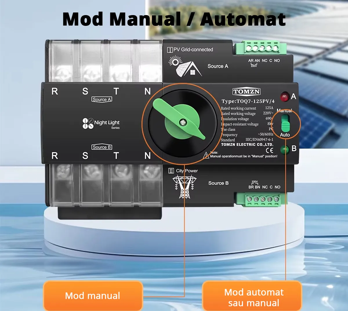 Comutator de transfer automat ATS trifazic pentru transfer retea-panouri fotovoltaice 4P, 220V 63A