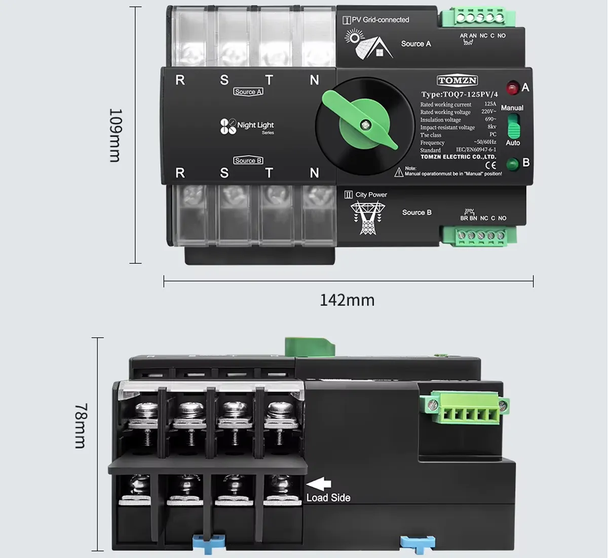 Comutator de transfer automat ATS trifazic pentru transfer retea-panouri fotovoltaice 4P, 220V 63A