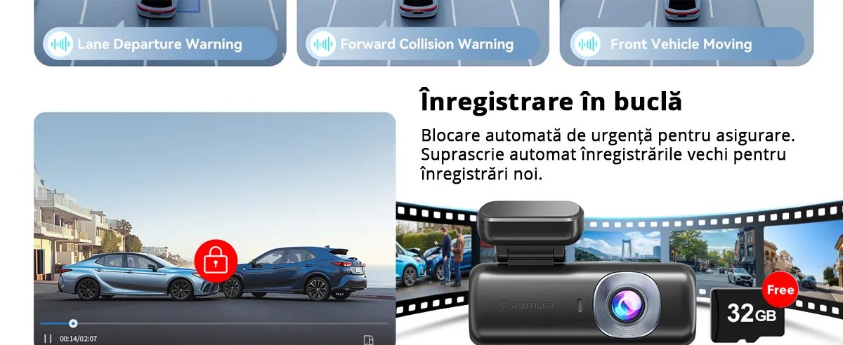 Camera auto de bord REDTIGER F9 Lite 4K, ADAS, WiFi, Night Vision, GPS, aplicatie dedicata, G-senzor si monitorizare parcare