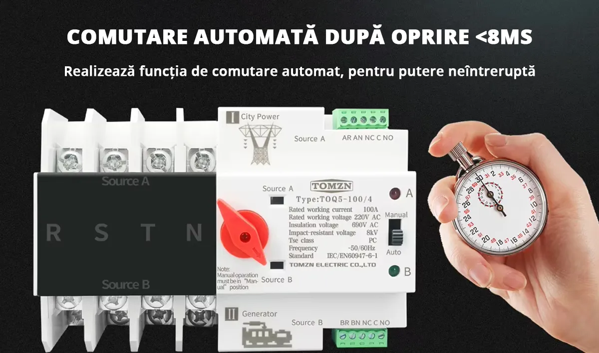 Comutator de transfer automat ATS trifazic pentru transfer retea-generator 4P, 220V 63A