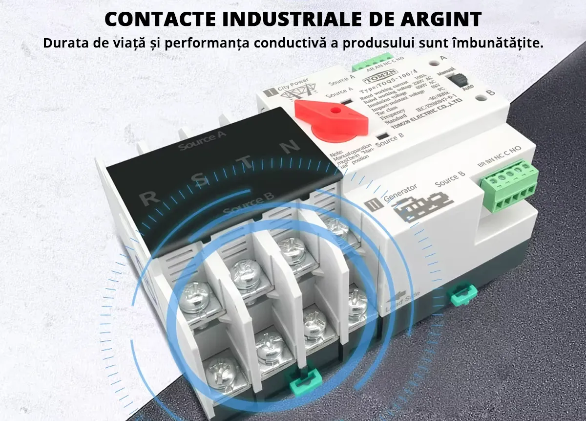 Comutator de transfer automat ATS trifazic pentru transfer retea-generator 4P, 220V 63A