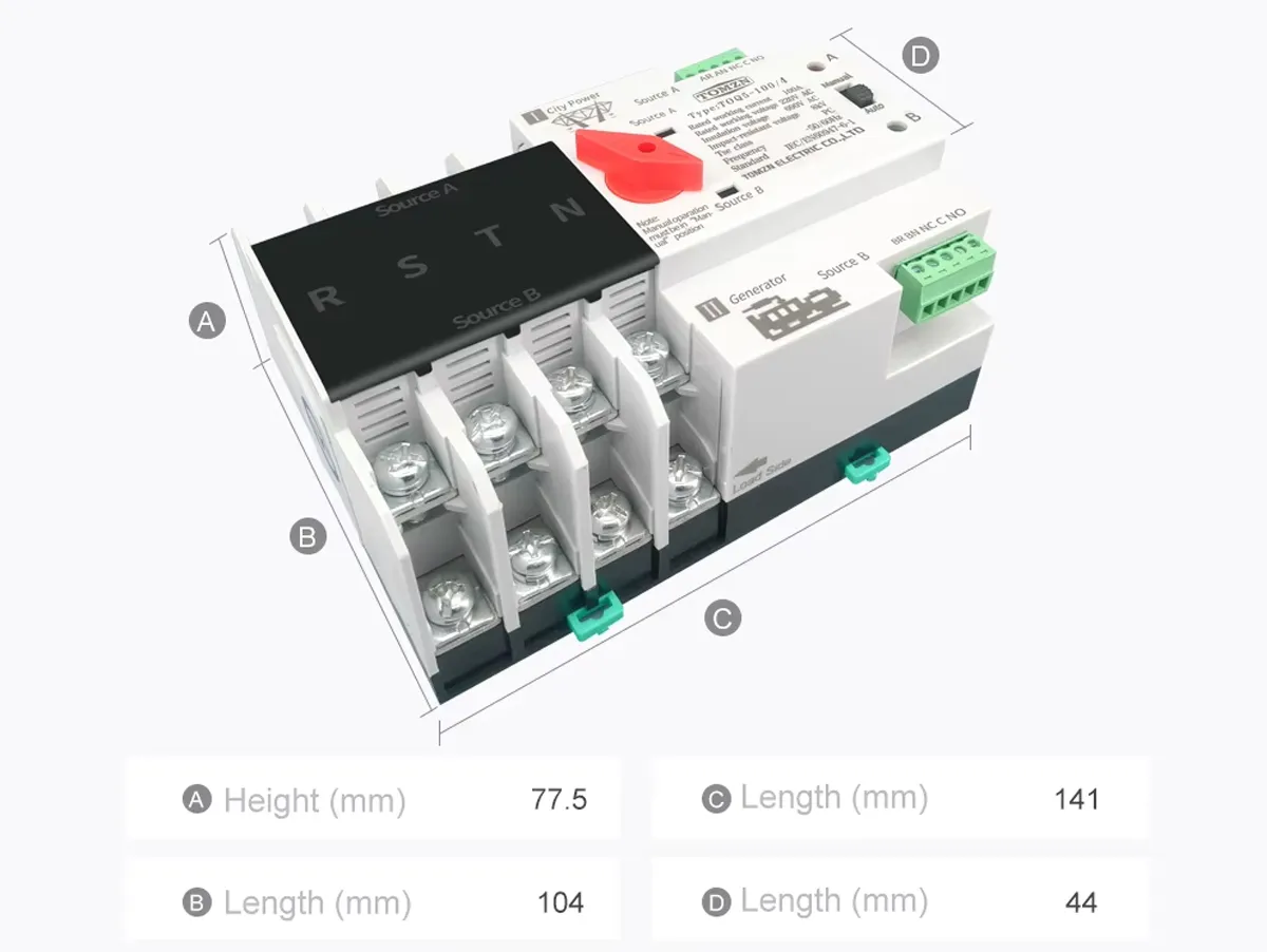 Comutator de transfer automat ATS trifazic pentru transfer retea-generator 4P, 220V 63A