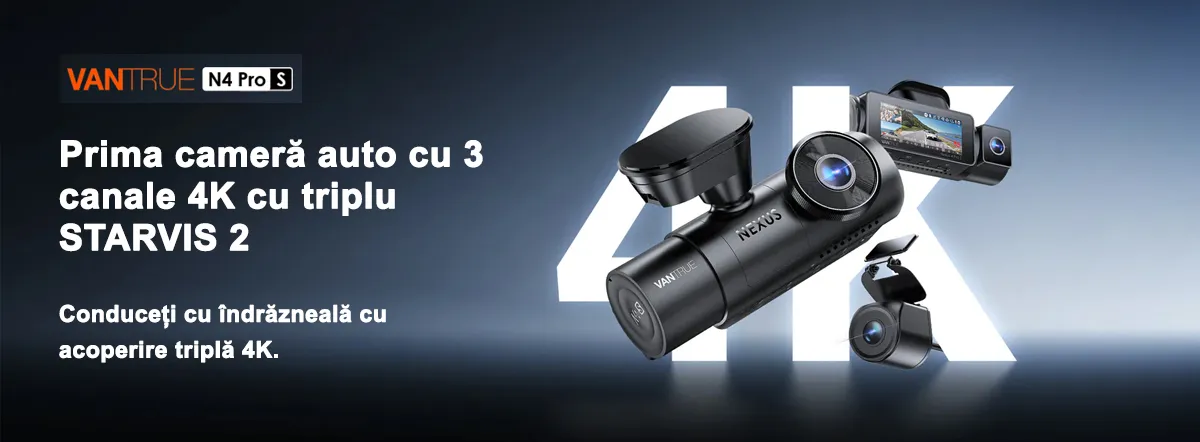 Camera auto Vantrue N4 Pro S cu 3 canale, 4K+1080P+1440P, HDR+Night Vision, protective IP67, GPS, G-sensor si monitorizare parcare