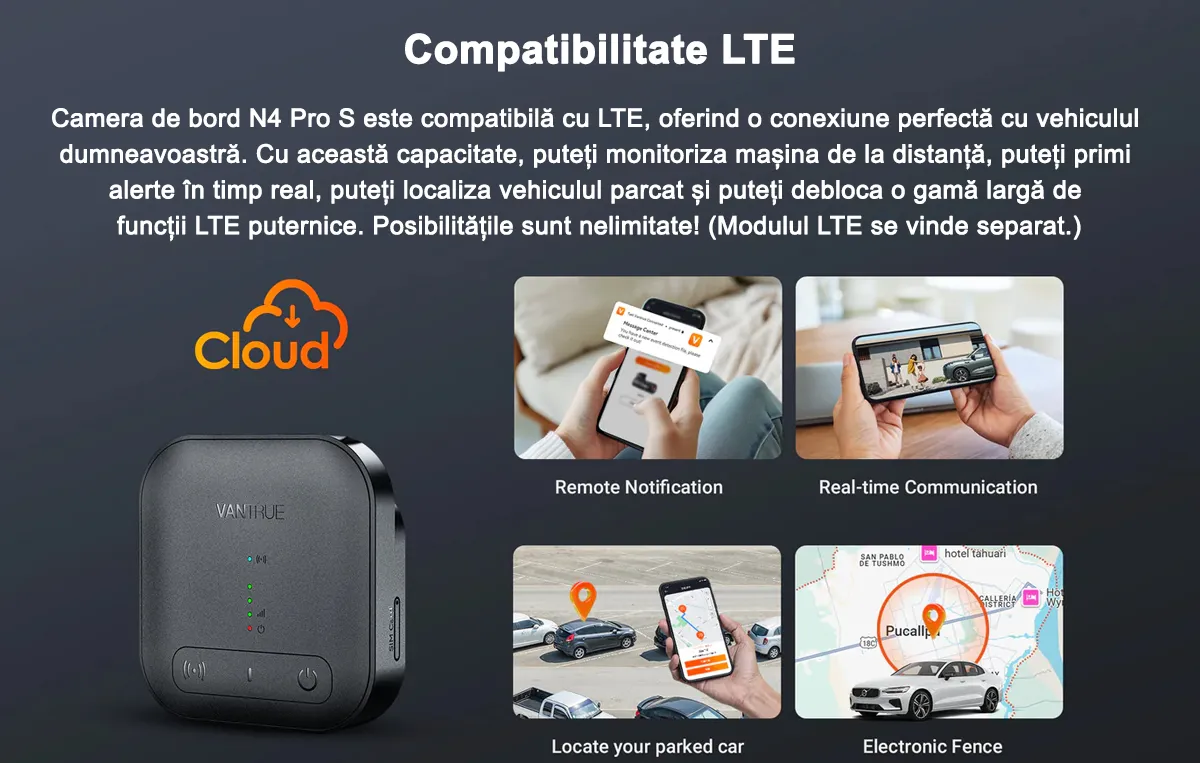 Camera auto Vantrue N4 Pro S cu 3 canale, 4K+1080P+1440P, HDR+Night Vision, protective IP67, GPS, G-sensor si monitorizare parcare