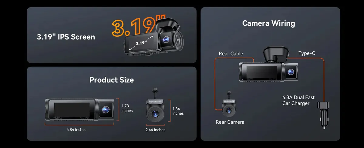 Camera auto Vantrue N4 Pro S cu 3 canale, 4K+1080P+1440P, HDR+Night Vision, protective IP67, GPS, G-sensor si monitorizare parcare