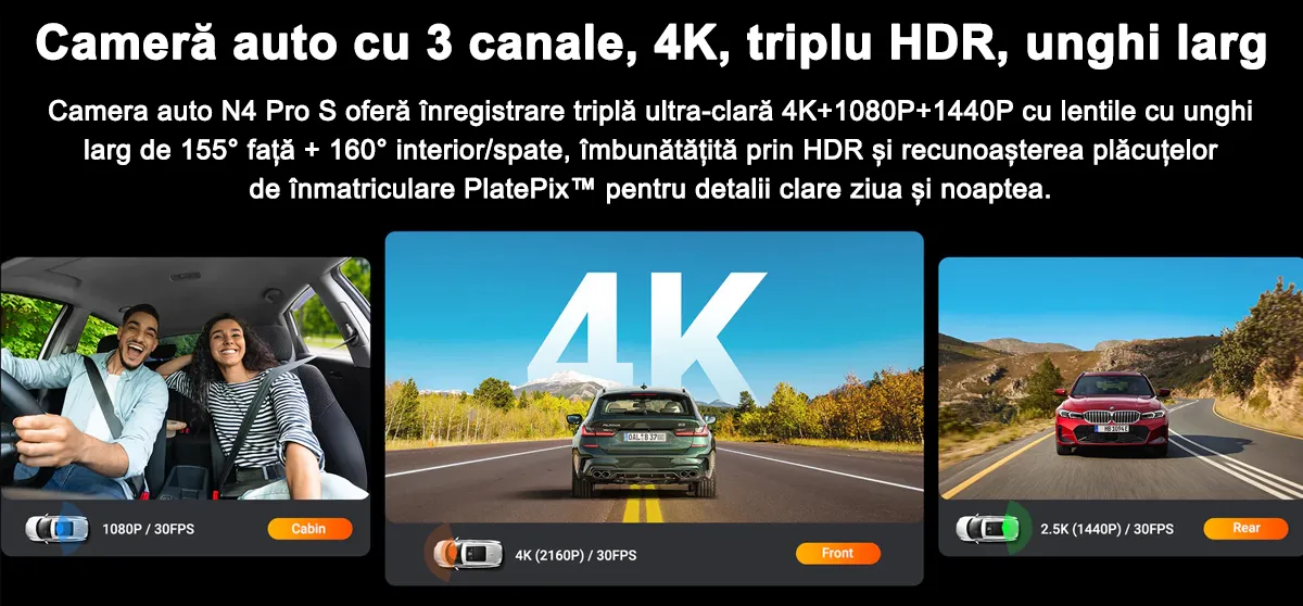 Camera auto Vantrue N4 Pro S cu 3 canale, 4K+1080P+1440P, HDR+Night Vision, protective IP67, GPS, G-sensor si monitorizare parcare