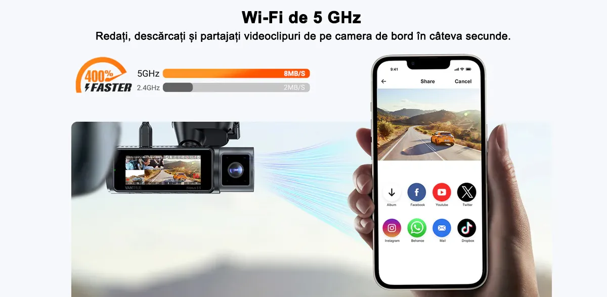 Camera auto Vantrue N5S cu 4 canale, 360°, HDR+WDR, control vocal, Night Vision, GPS, G-sensor si monitorizare parcare