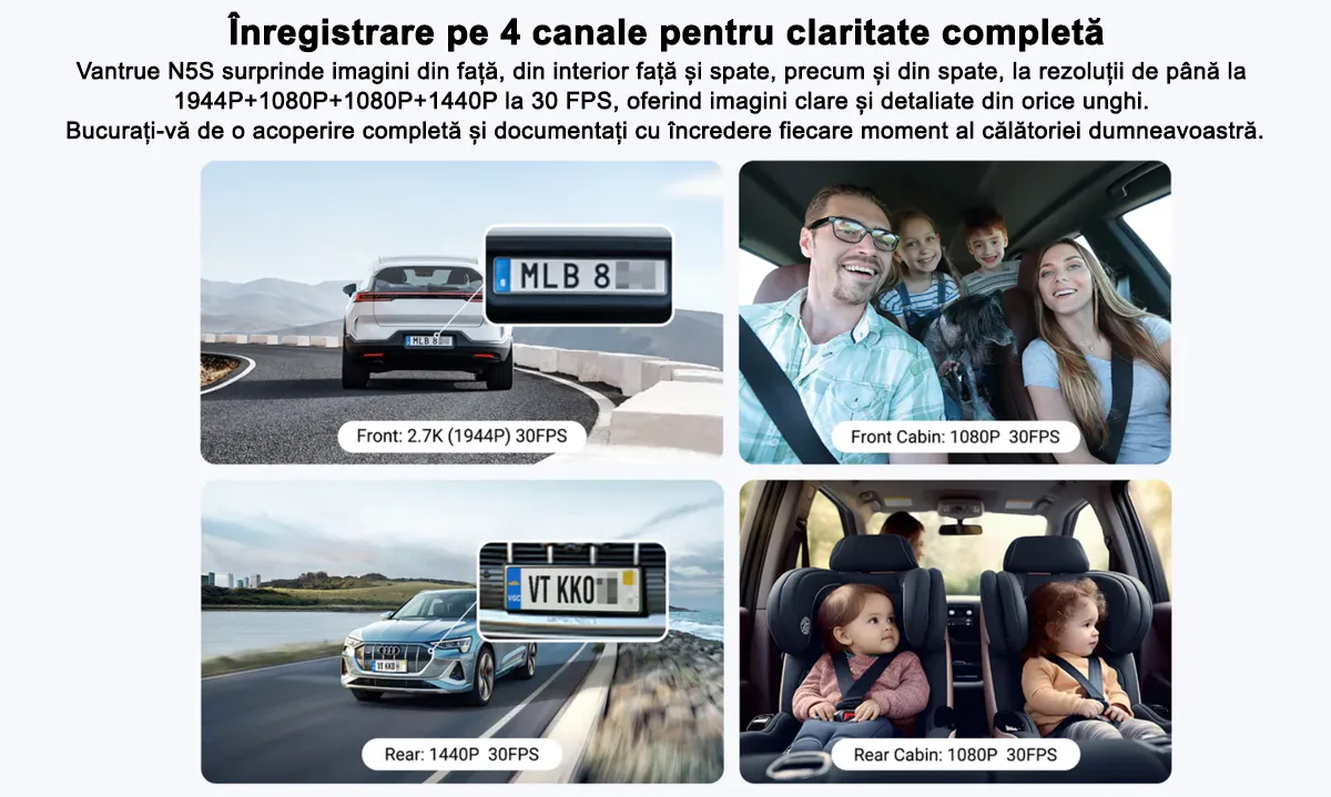 Camera auto Vantrue N5S cu 4 canale, 360°, HDR+WDR, control vocal, Night Vision, GPS, G-sensor si monitorizare parcare