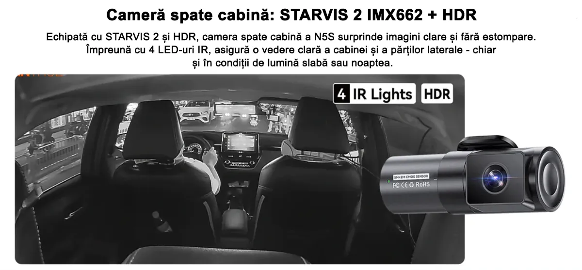 Camera auto Vantrue N5S cu 4 canale, 360°, HDR+WDR, control vocal, Night Vision, GPS, G-sensor si monitorizare parcare