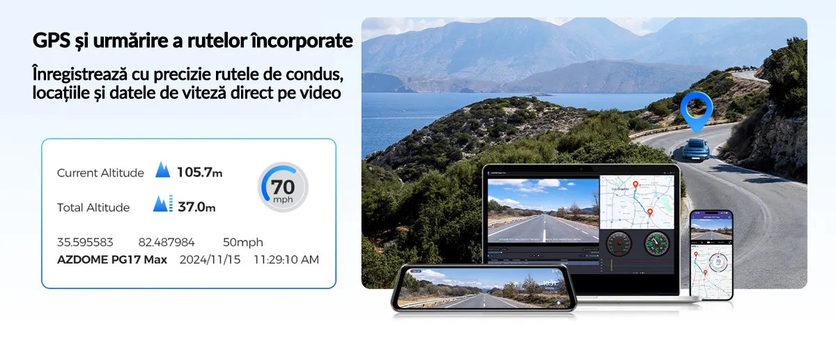 Camera auto tip oglinda fata-spate AZDOME PG17 MAX, 4K+2.5K, WiFi, GPS, Night Vision, 150°, ecran tactil 12", control vocal, monitorizare parcare