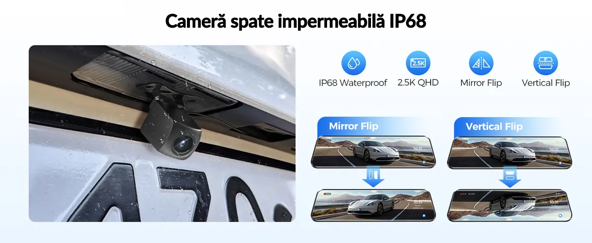 Camera auto tip oglinda fata-spate AZDOME PG17 MAX, 4K+2.5K, WiFi, GPS, Night Vision, 150°, ecran tactil 12", control vocal, monitorizare parcare