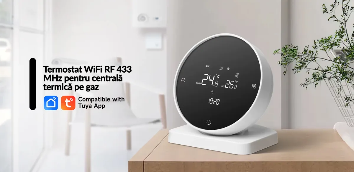 Termostat wireless WiFi pentru incalzire centrala pe gaz, cu baterie, control prin aplicatie si asistent vocal