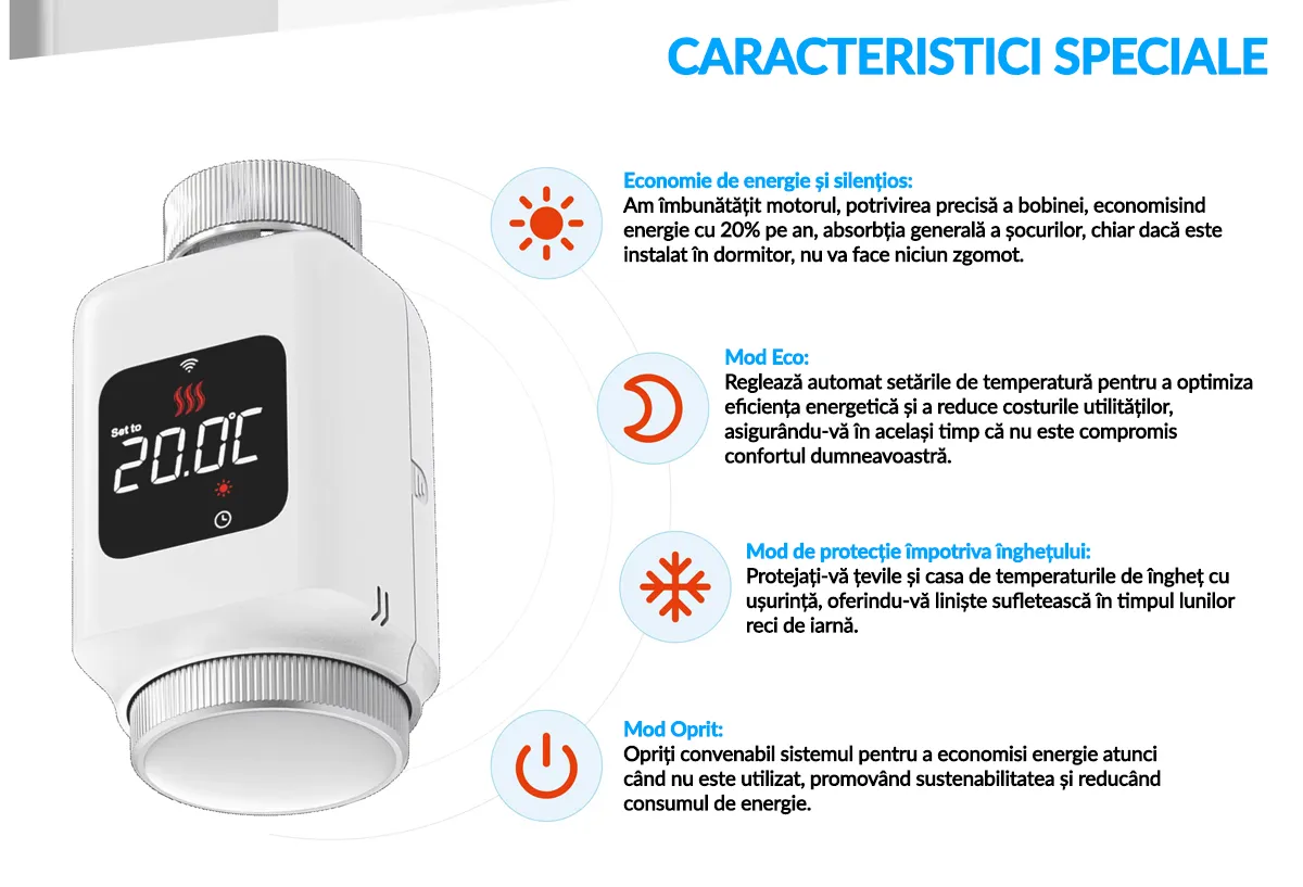 Termostat inteligent TRV pentru calorifere, cu Wi-Fi si ecran LCD, compatibil Tuya