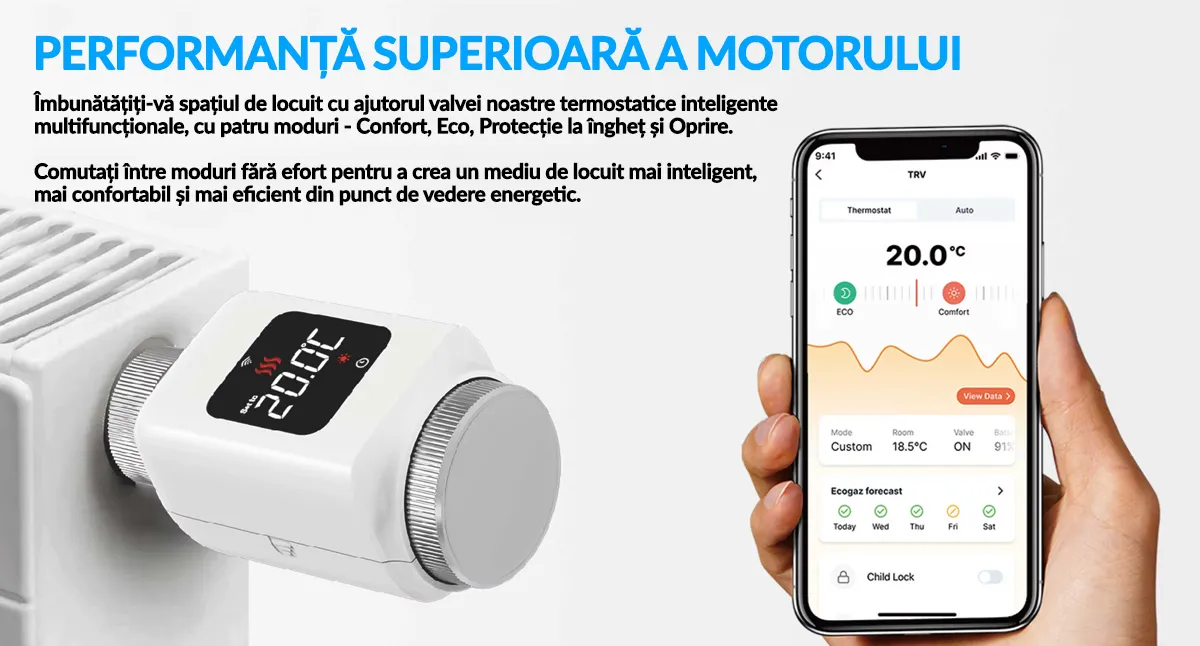 Termostat inteligent TRV pentru calorifere, cu Wi-Fi si ecran LCD, compatibil Tuya