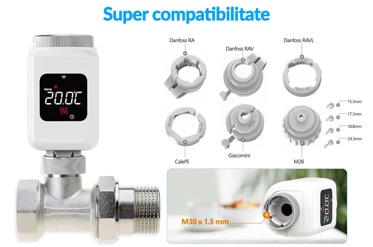 Termostat inteligent TRV pentru calorifere, cu Wi-Fi si ecran LCD, compatibil Tuya