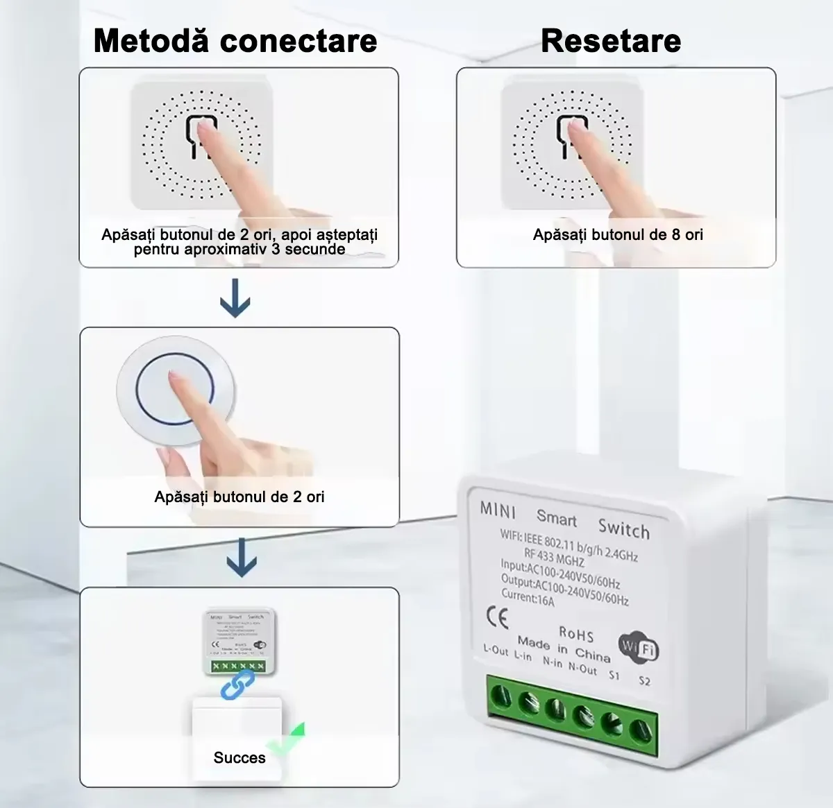 Intrerupator rotund fara fir RF 433MHz, control wireless, compatibil Tuya/Smart Life/Alexa/Google Home