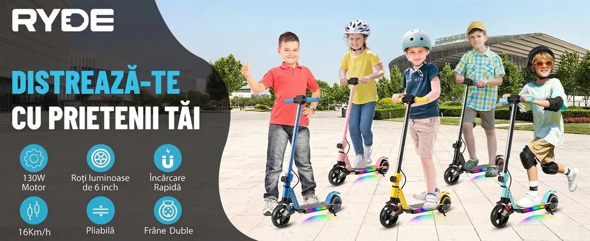 Trotineta Electrica copii RYDE Twinkle L2 PRO, 130W + Baterie 5.2Ah, Autonomie 12-16km (40kg), 3 trepte de viteza, Frana Electrica+Mecanica, Viteza maxima 16 km/h