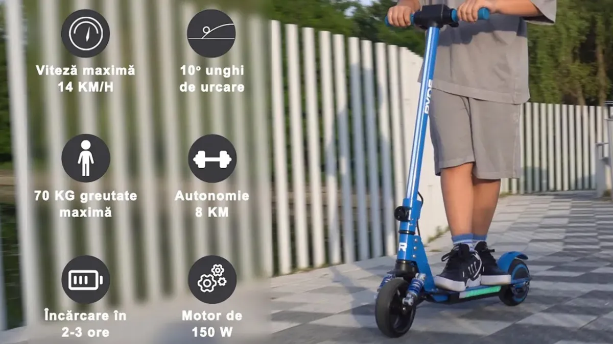 Preview image for the video "Trotineta Electrica pentru copii RYDE 150 Twinkle, viteza maxima 14km/h, autonomie 8km". Preview image for the video "Trotineta Electrica pentru copii RYDE 150 Twinkle, viteza maxima 14km/h, autonomie 8km".