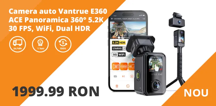 Camera auto Vantrue E360 ACE Panoramica 360° 5.2K 30 FPS, WiFi, Dual HDR, Night Vision 2.0, ecran tactil 1.54”, GPS, control vocal