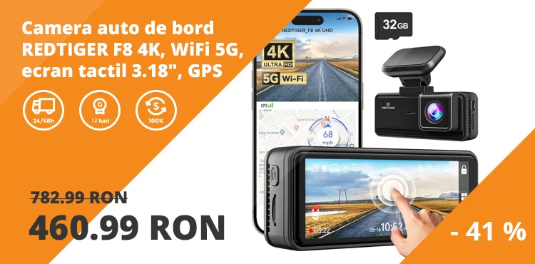 Camera auto de bord REDTIGER F8 4K, WiFi 5G, Night Vision, 160°, ecran tactil 3.18&quot;, GPS, aplicatie dedicata, G-sensor si monitorizare parcare