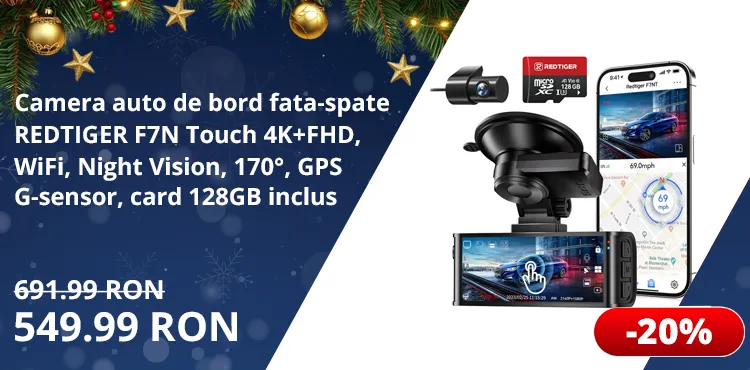 Camera auto de bord fata-spate REDTIGER F7N Touch 4K+FHD, WiFi, Night Vision, 170°, ecran tactil IPS 3.18&quot;, GPS, aplicatie dedicata, G-sensor, card 128GB inclus