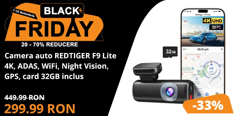 Camera auto de bord REDTIGER F9 Lite 4K, ADAS, WiFi, Night Vision, GPS, aplicatie dedicata, G-senzor si monitorizare parcare, card 32GB inclus