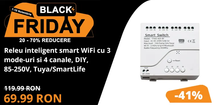 Releu inteligent smart WiFi cu 3 mode-uri si 4 canale, DIY, 85-250V, compatibil Tuya/SmartLife