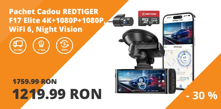 Pachet Cadou REDTIGER F17 Elite 4K+1080P+1080P, WiFi 6, Night Vision Color, ecran tactil 3”, GPS