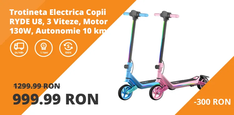 Trotineta Electrica Copii RYDE U8, 3 Viteze (8/12/16 km/h), Suspensie Dubla Fata/Spate, Motor 130