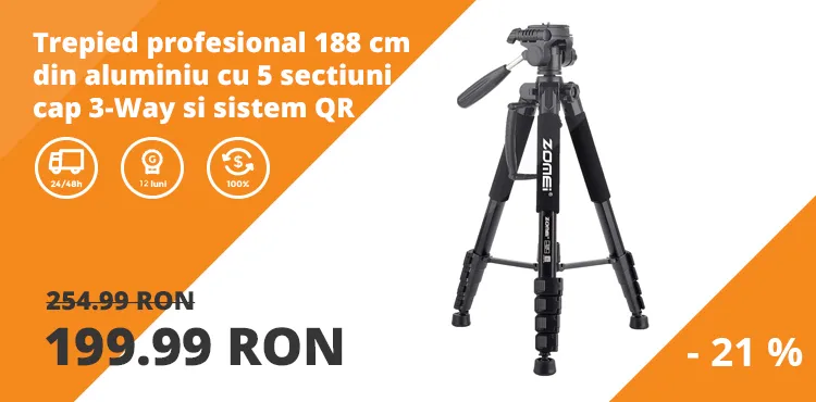 Trepied profesional 188 cm din aluminiu cu 5 sectiuni, cap 3-Way si sistem Quick Release, greutate maxima suportata 5 kg, holder telefon inclus