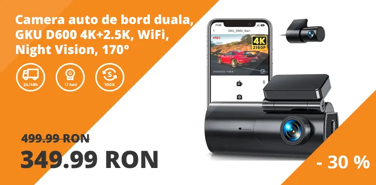 Camera auto de bord fata-spate, GKU D600 4K+2.5K, WiFi, Night Vision, 170°, aplicatie dedicata, G-sensor si monitorizare parcare