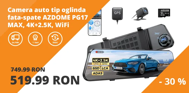 Camera auto tip oglinda fata-spate AZDOME PG17 MAX, 4K+2.5K, WiFi, GPS, Night Vision, 150°, ecran tactil 12", control vocal, monitorizare parcare